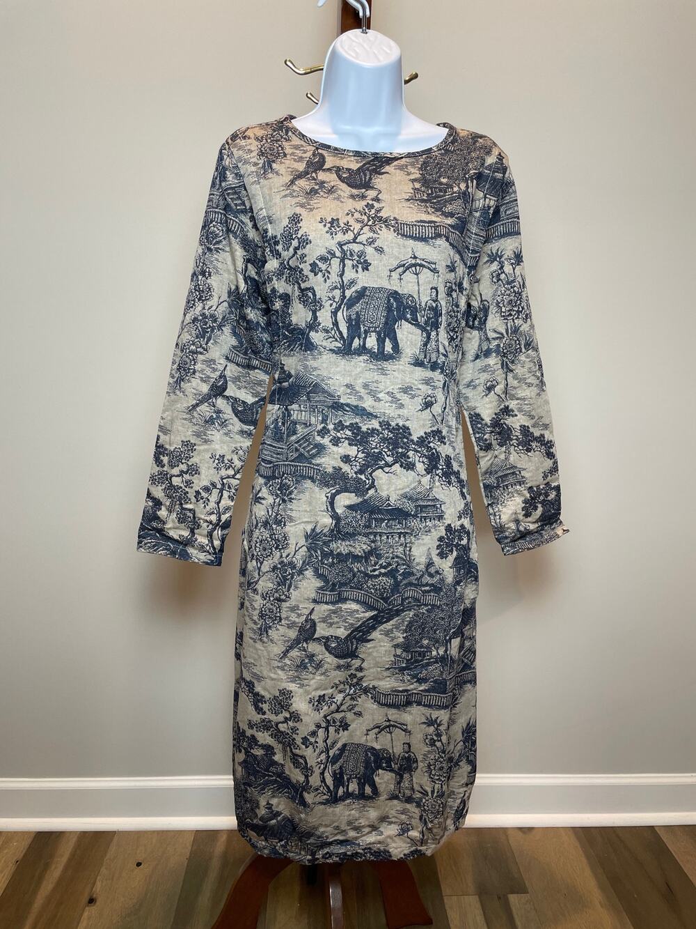 BUYKUD Lagenlook Beige Navy Cotton Oversized Kaftan Dress Size M New With Tag